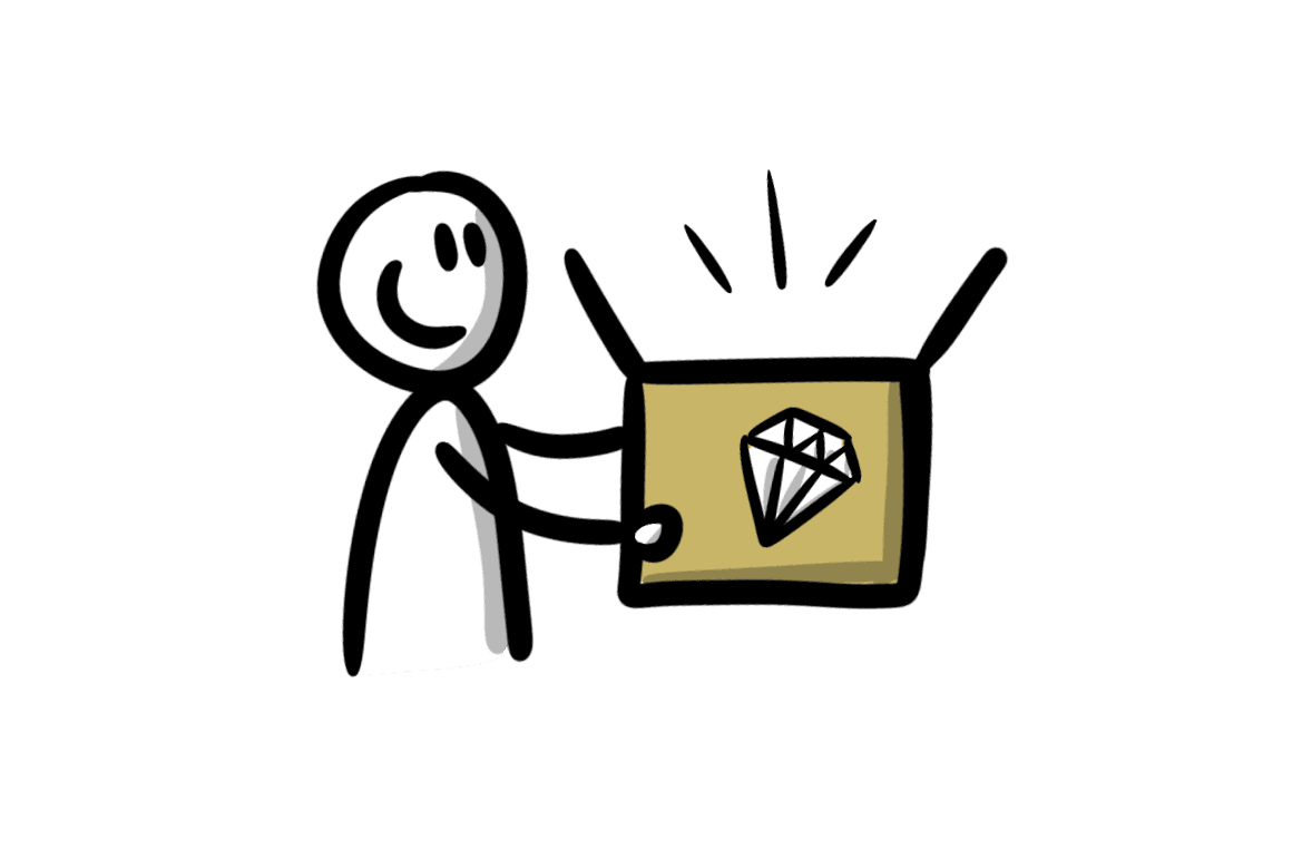 Getekend poppetje dat een doos met een diamant erin aanreikt