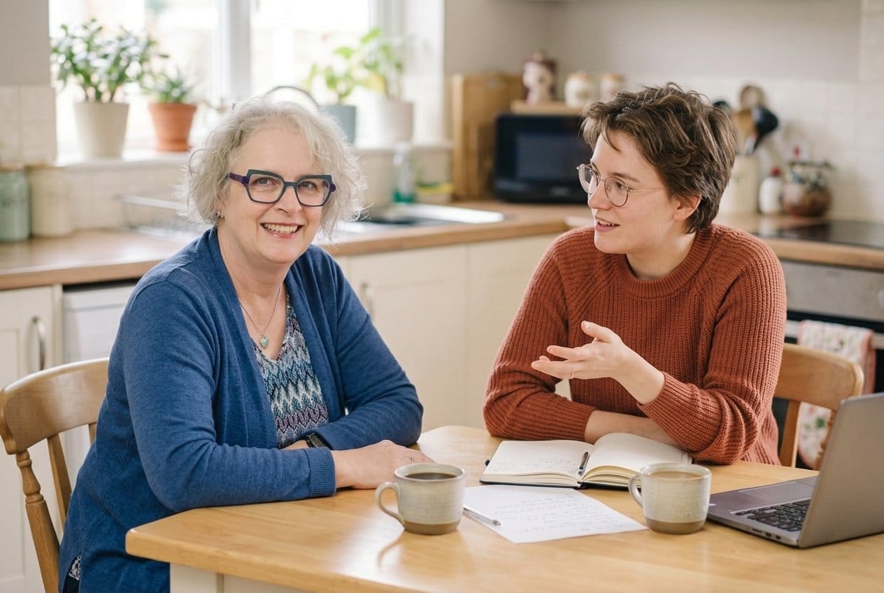 Marjan Crabtree aan de keukentafel met Claude, door Claude zelf bedacht als mens in een terracotta trui